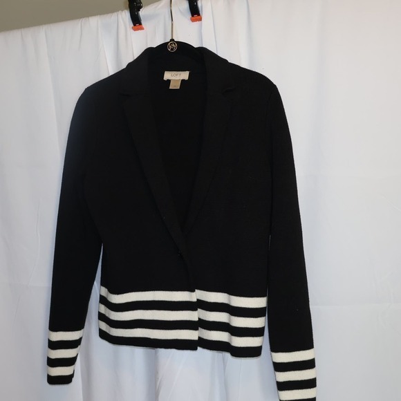 Loft Sailor Knit Jacket Black with White Stripes, One Button Front, Size XS - Picture 1 of 12
